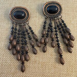 Vintage Black Cabochon Beaded Fringe Earrings Post Back Boho Statement Waterfall